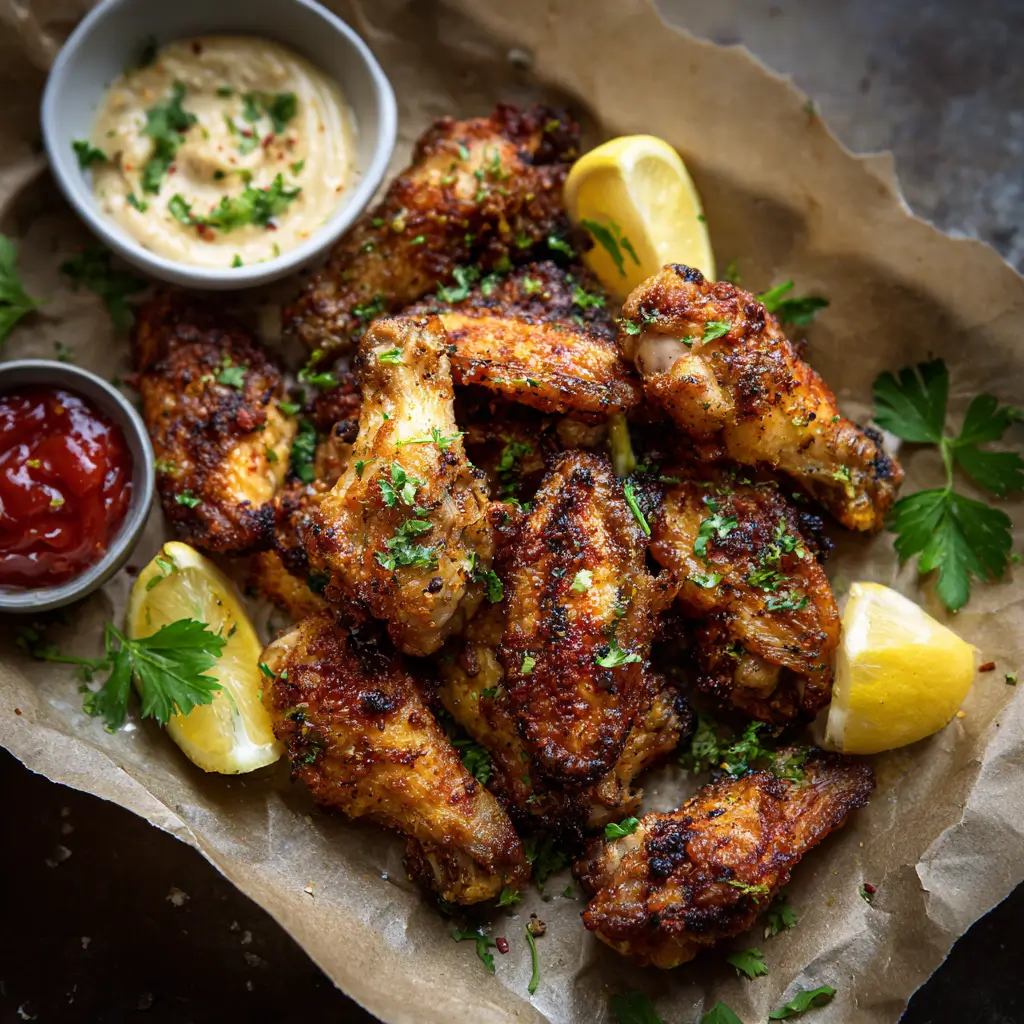 Platter of golden, crispy Air Fryer Chicken Wings with lemon and herbs