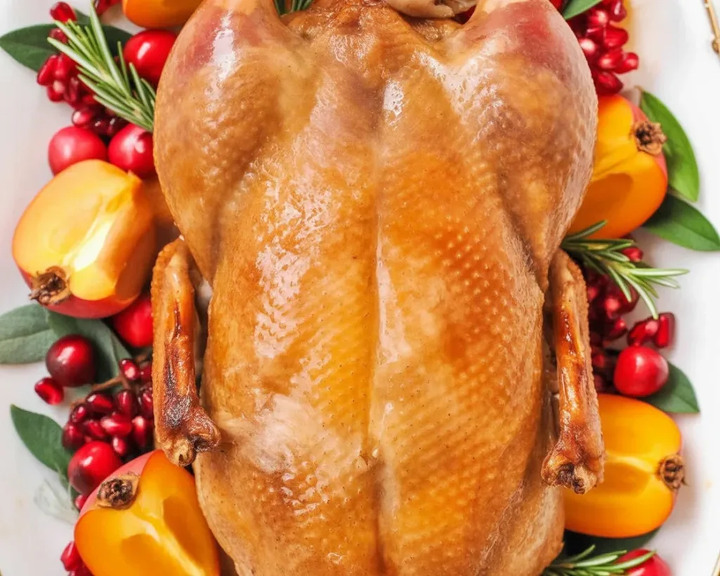 A beautifully roasted duck glazed for Thanksgiving dinner