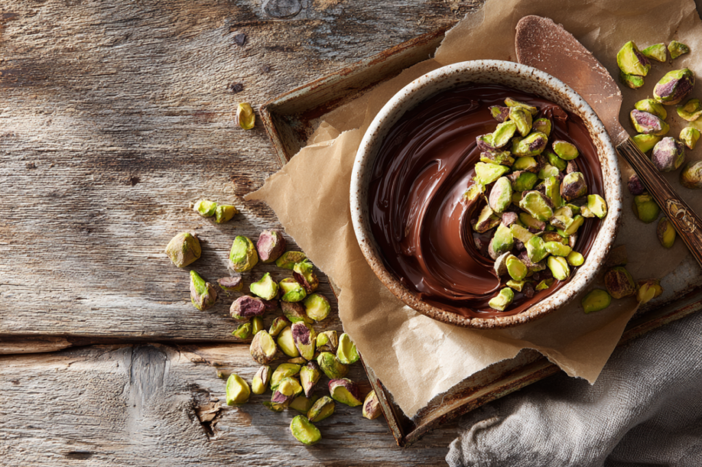 Decadent pistachio chocolate desserts and recipes featuring rich flavors and textures.