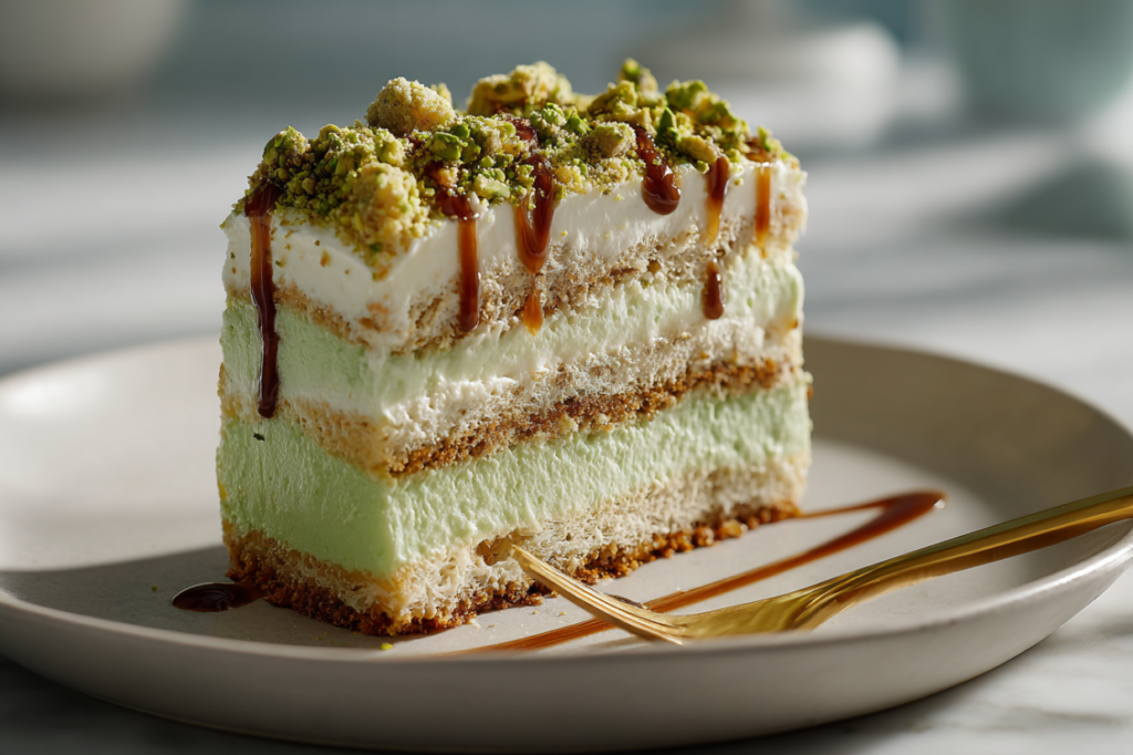 Delicious pistachio tiramisu layered with coffee-soaked ladyfingers and mascarpone.