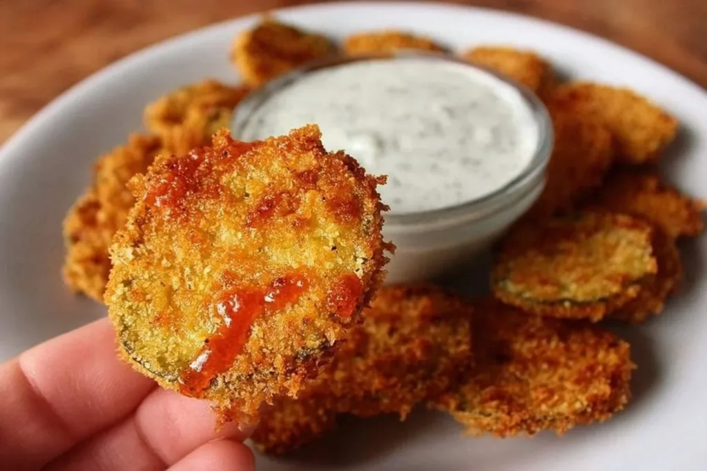 Crispy air fryer fried pickles served with dipping sauce