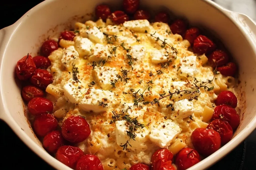 Baked cream cheese pasta with fresh herbs and melted cheese on top