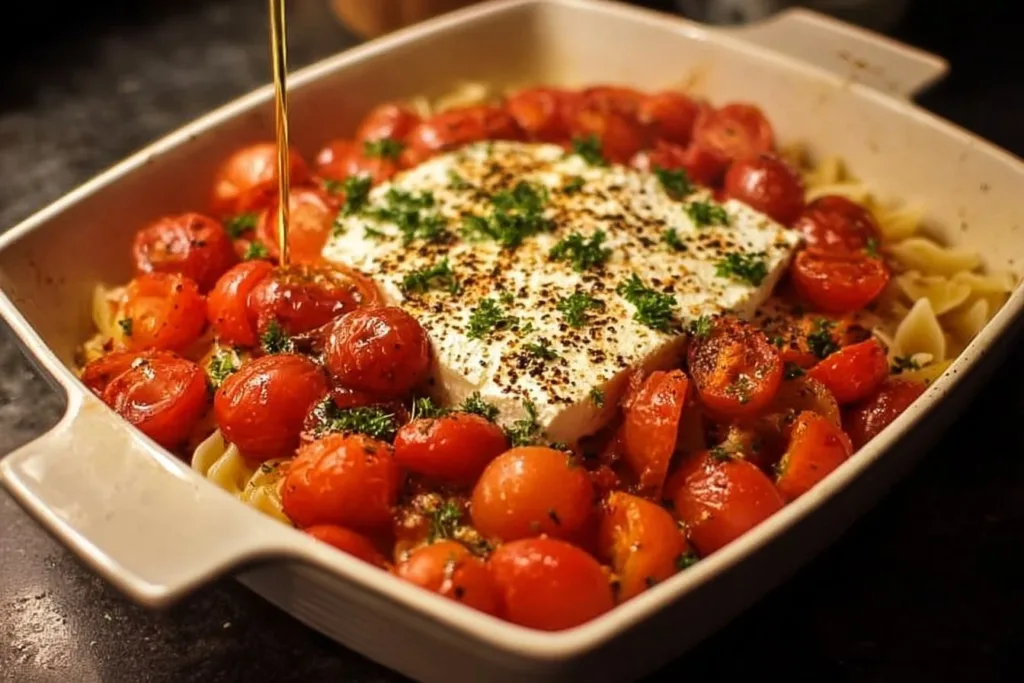 Delicious baked feta pasta dish with tomatoes and herbs