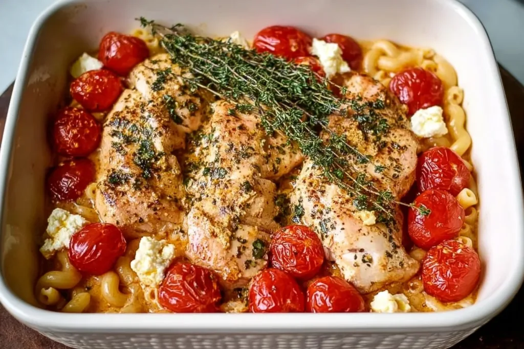 Baked feta pasta with chicken, topped with fresh basil and served in a bowl.