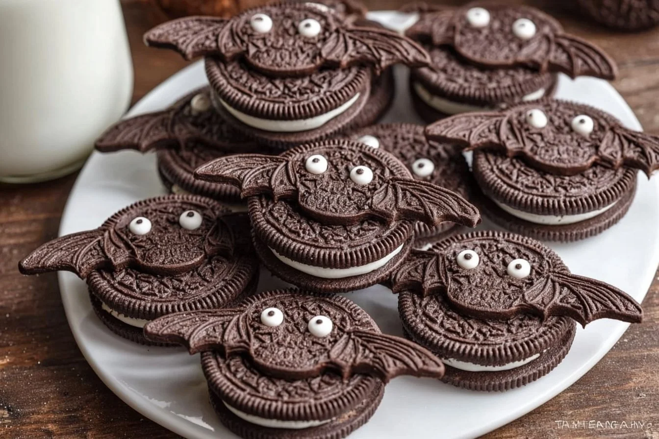 Plate of creative Bat Oreos decorated for Halloween