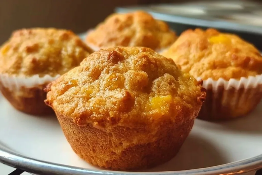 Freshly baked mango muffins with golden edges and a soft, fluffy texture.
