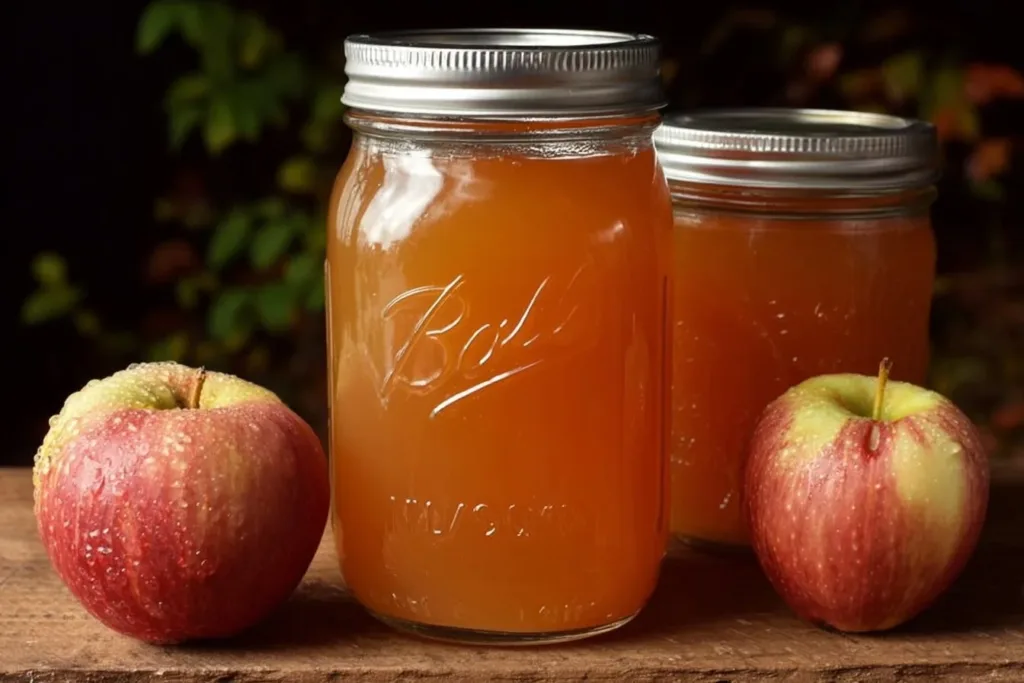 Jars of canned apple cider ready for storage.