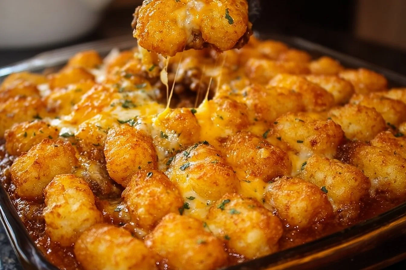 Cheesy Tater Tot Casserole with melted cheese and crispy tots