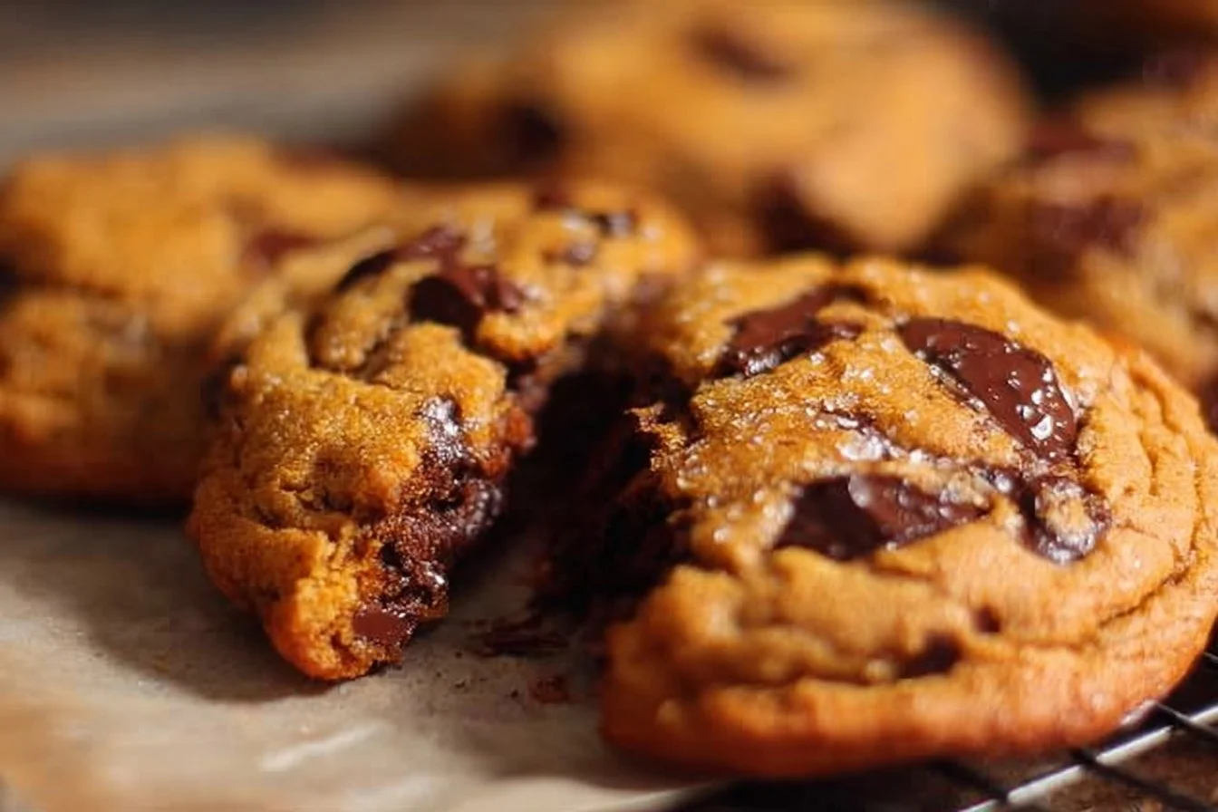 Chewy pumpkin chocolate chip cookies on a plate, decorated with chocolate chips and pumpkin