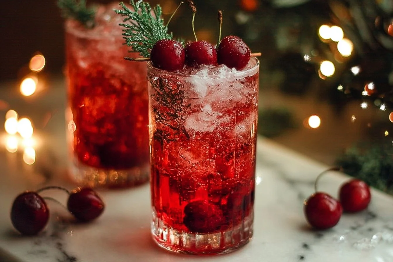 A festive Christmas Cherry Fizz Mocktail served in a glass with cherries and bubbles.