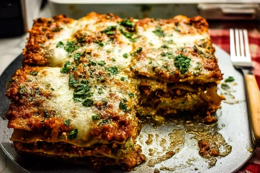 Christmas Eve Lasagna Bolognese with layers of cheese and meat sauce