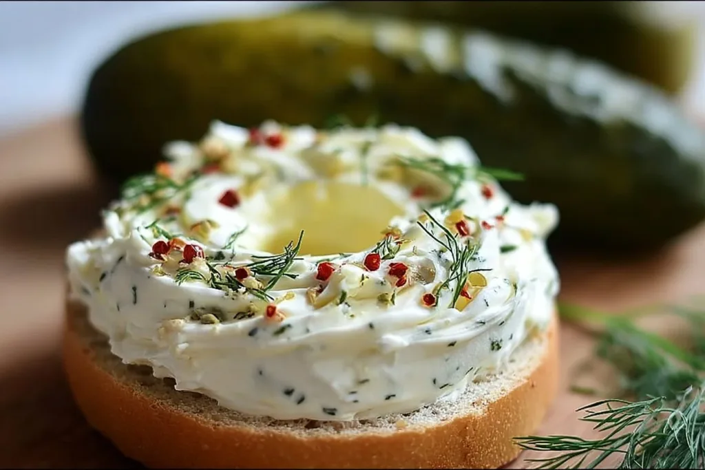 Classic dill pickle cream cheese spread on a cracker