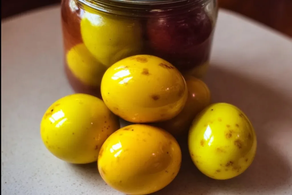 Jar of Cowboy Candy Pickled Eggs with colorful spices and peppers