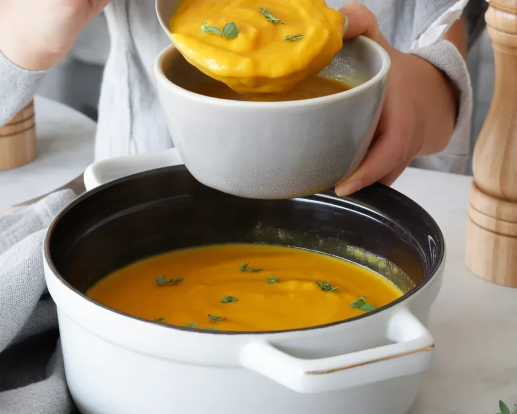 Creamy butternut squash soup garnished with herbs, served in a bowl