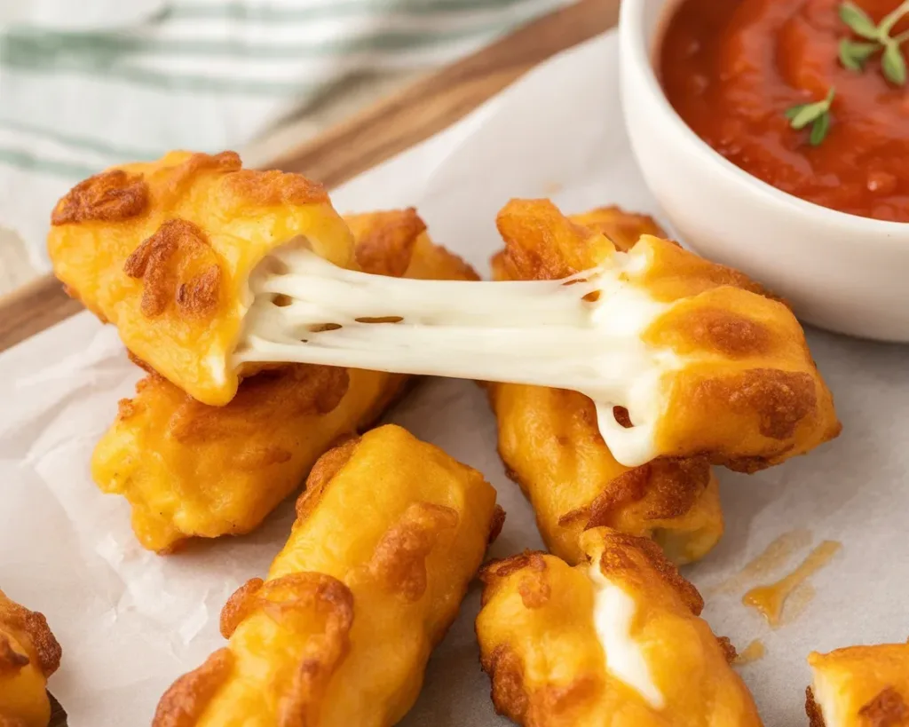 Crispy Air Fryer Mozzarella Sticks served on a plate, perfect snack recipe.