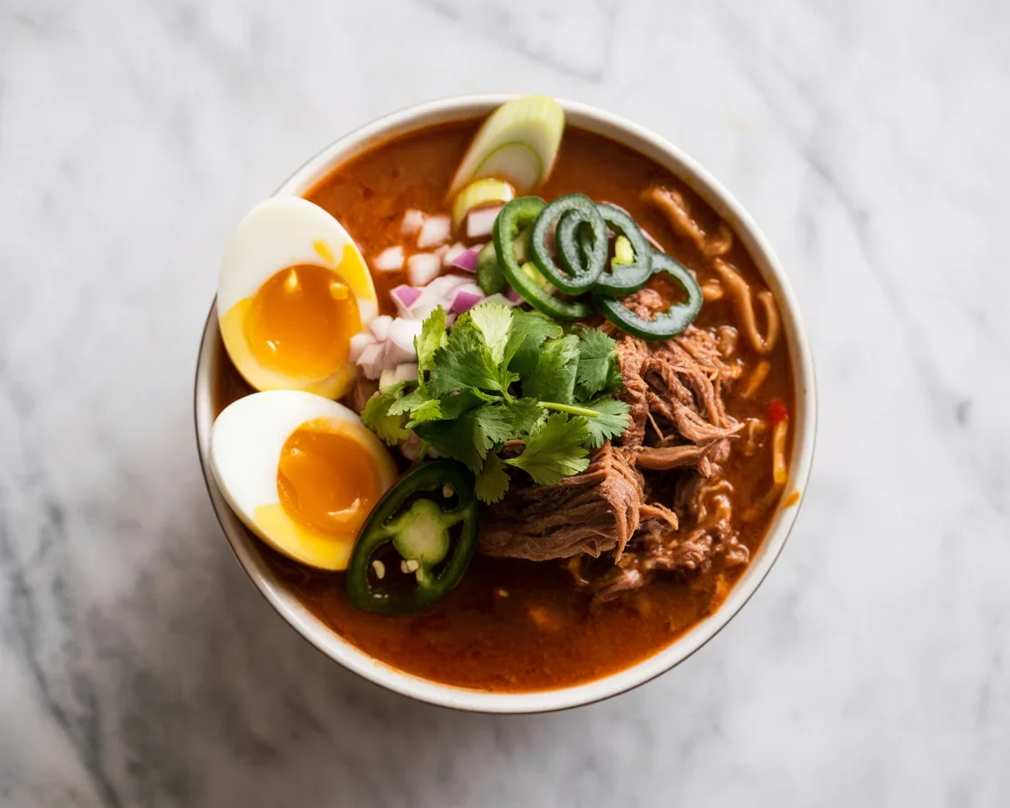 A bowl of Birria Ramen topped with beef, cilantro, and a soft-boiled egg.