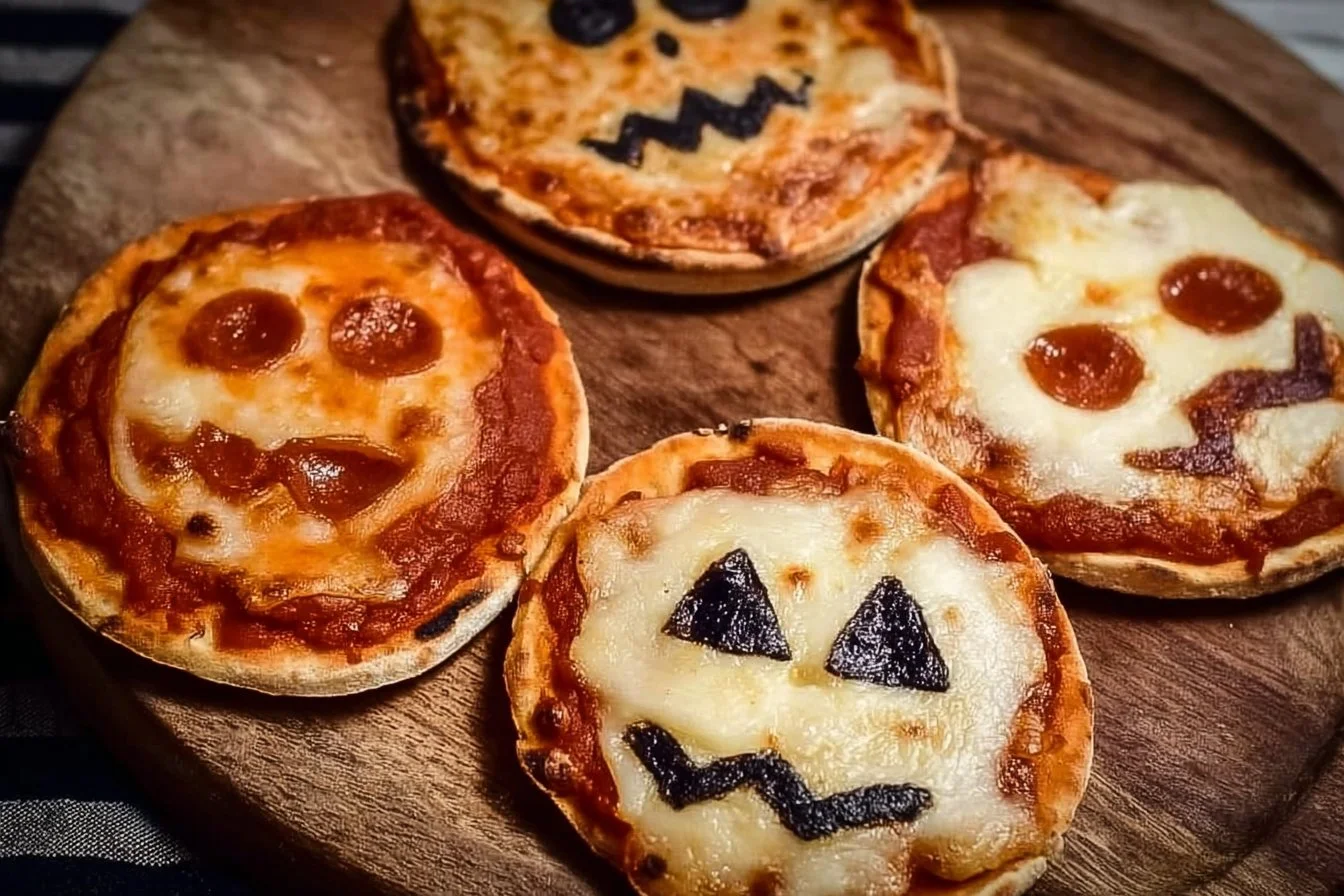 Easy mini Halloween pizzas decorated for spooky celebrations.