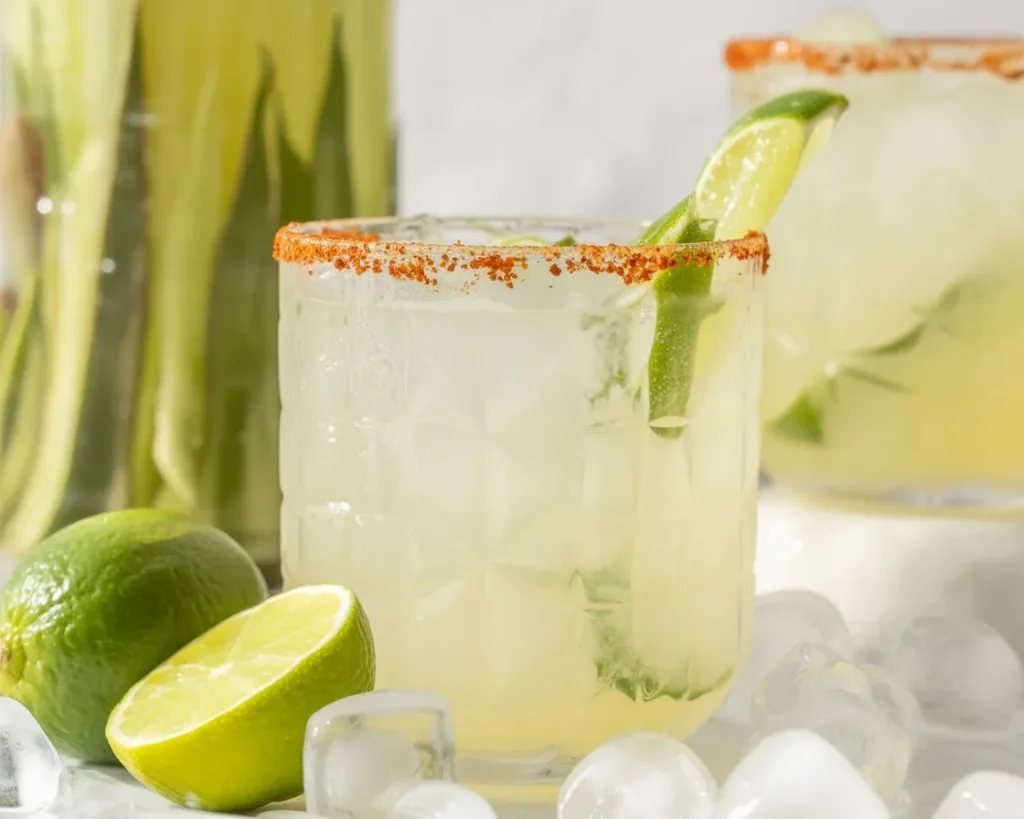 A refreshing Pickle Margarita served with a Tajín rim and garnished with pickles.