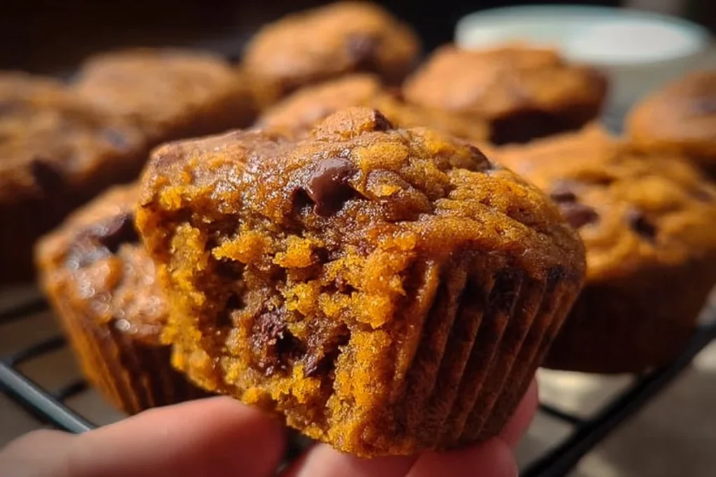 Freshly baked gluten free pumpkin muffins on a wooden table
