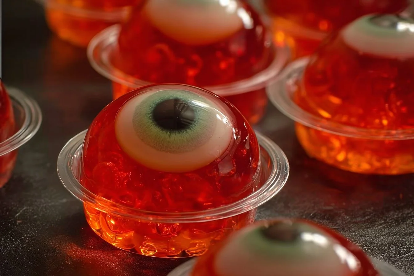 Halloween eyeball jello shots in spooky presentation