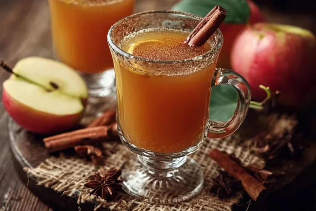 A steaming mug of homemade spiced apple cider with cinnamon and cloves