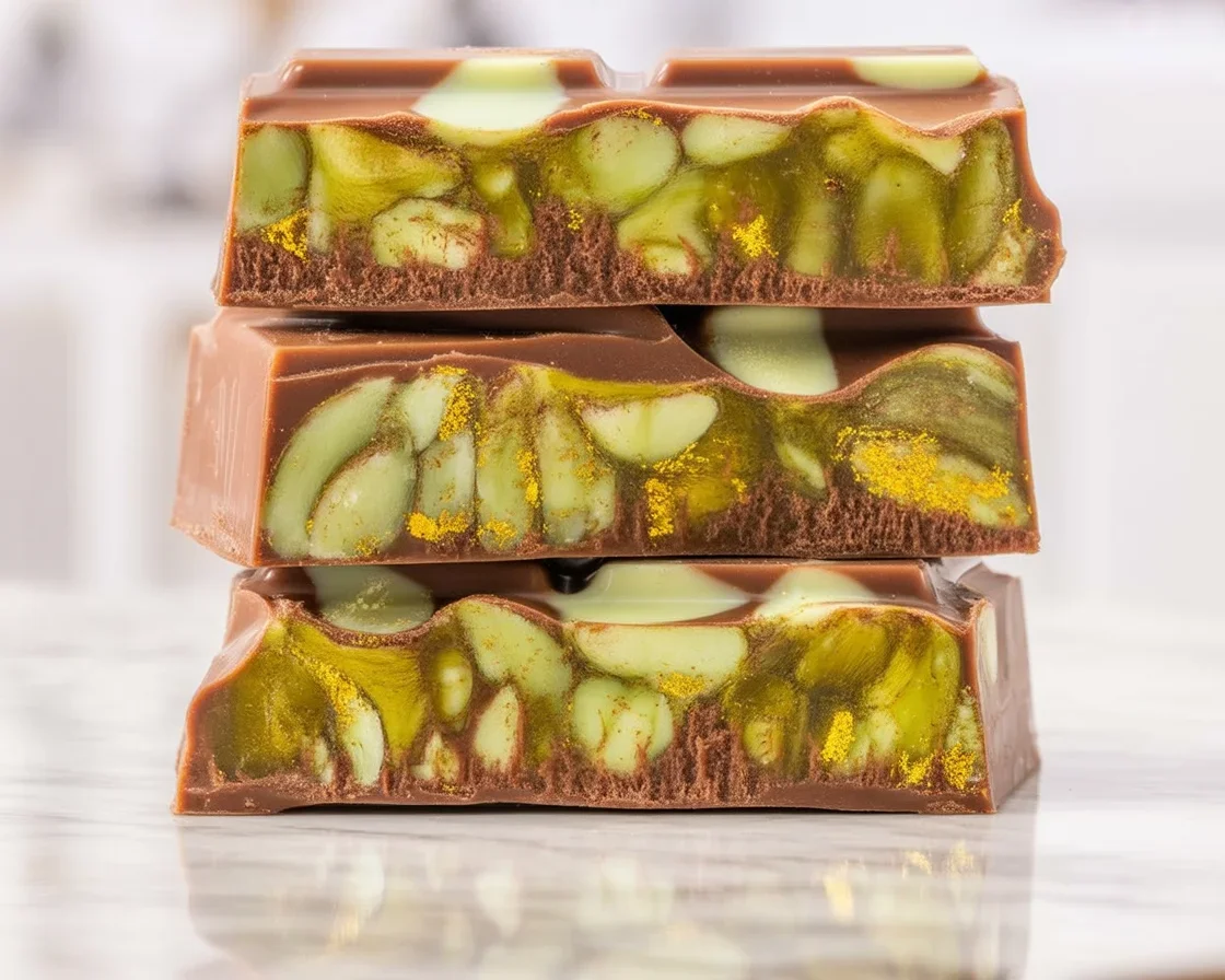 Delicious Dubai chocolate bar filled with pistachio cream and crispy pastry.