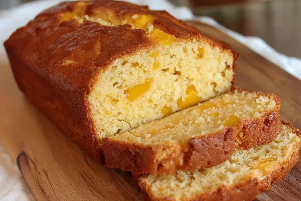 Freshly baked mango bread slice with tropical fruit flavor
