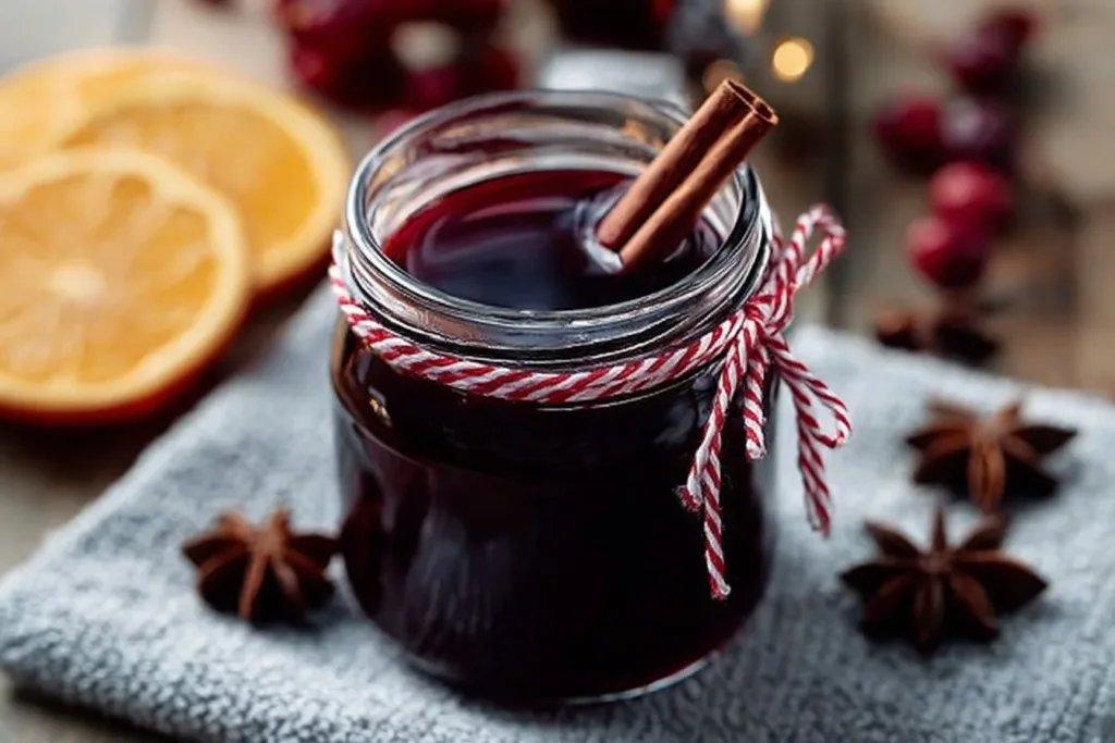 Delicious mulled wine jelly spread on toast with festive decor