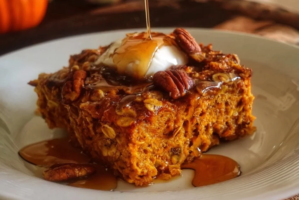 Delicious pumpkin baked oatmeal topped with nuts and spices