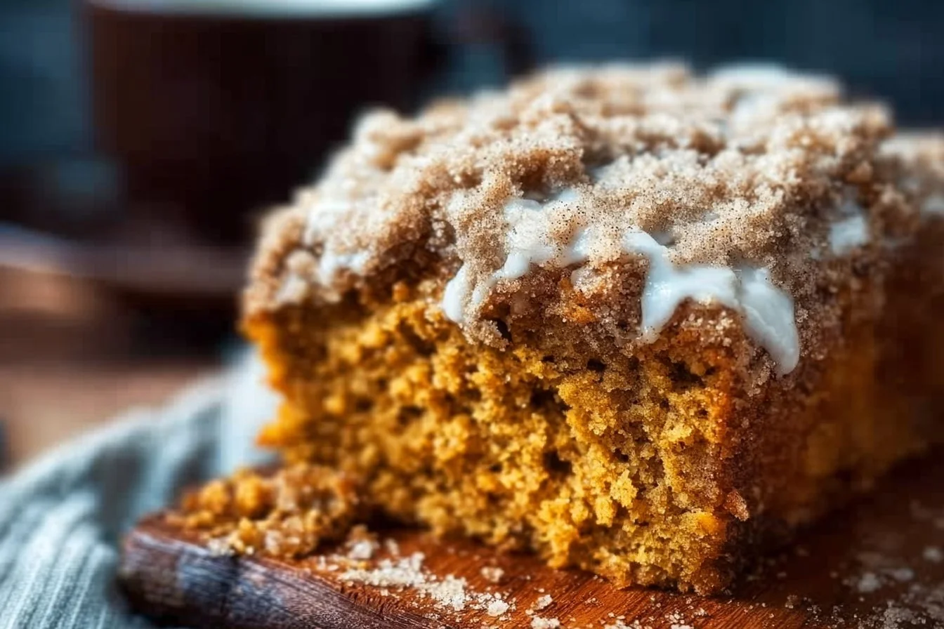 Delicious Pumpkin Coffee Cake served with a cup of coffee
