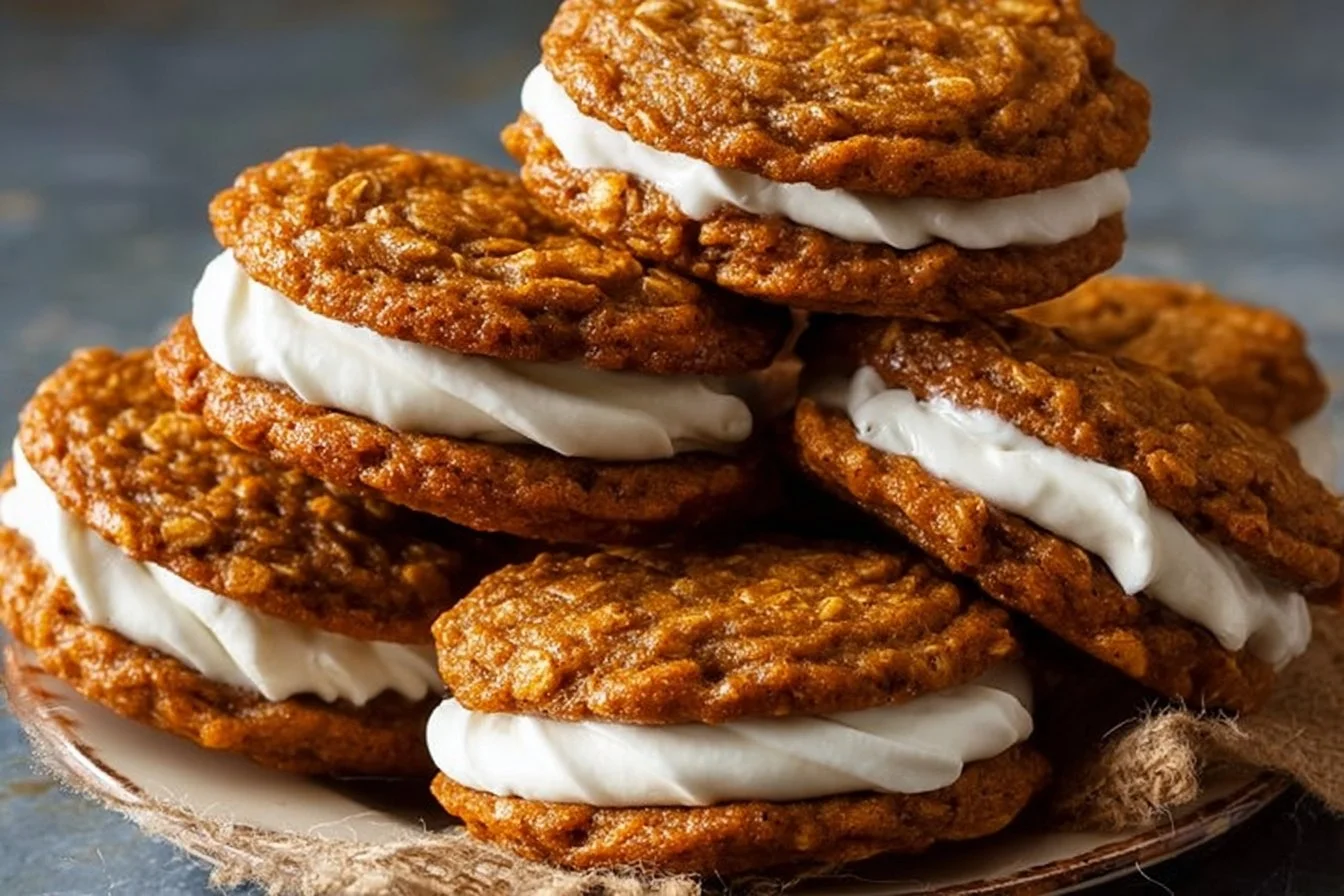 Delicious Pumpkin Oatmeal Cream Pies with creamy filling and oatmeal cookies
