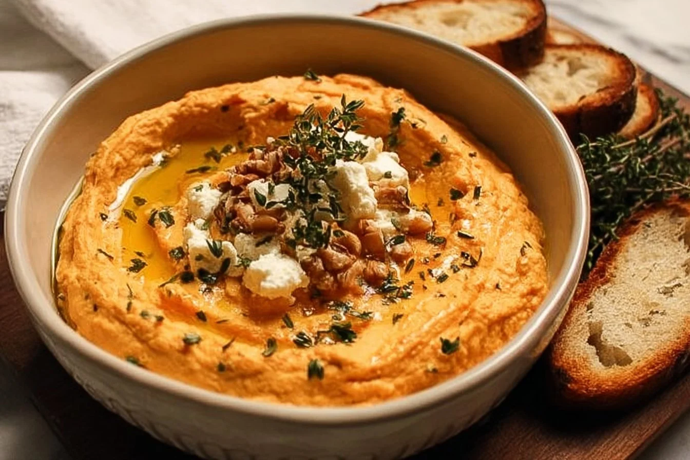 Delicious Pumpkin Whipped Feta Dip served with crackers