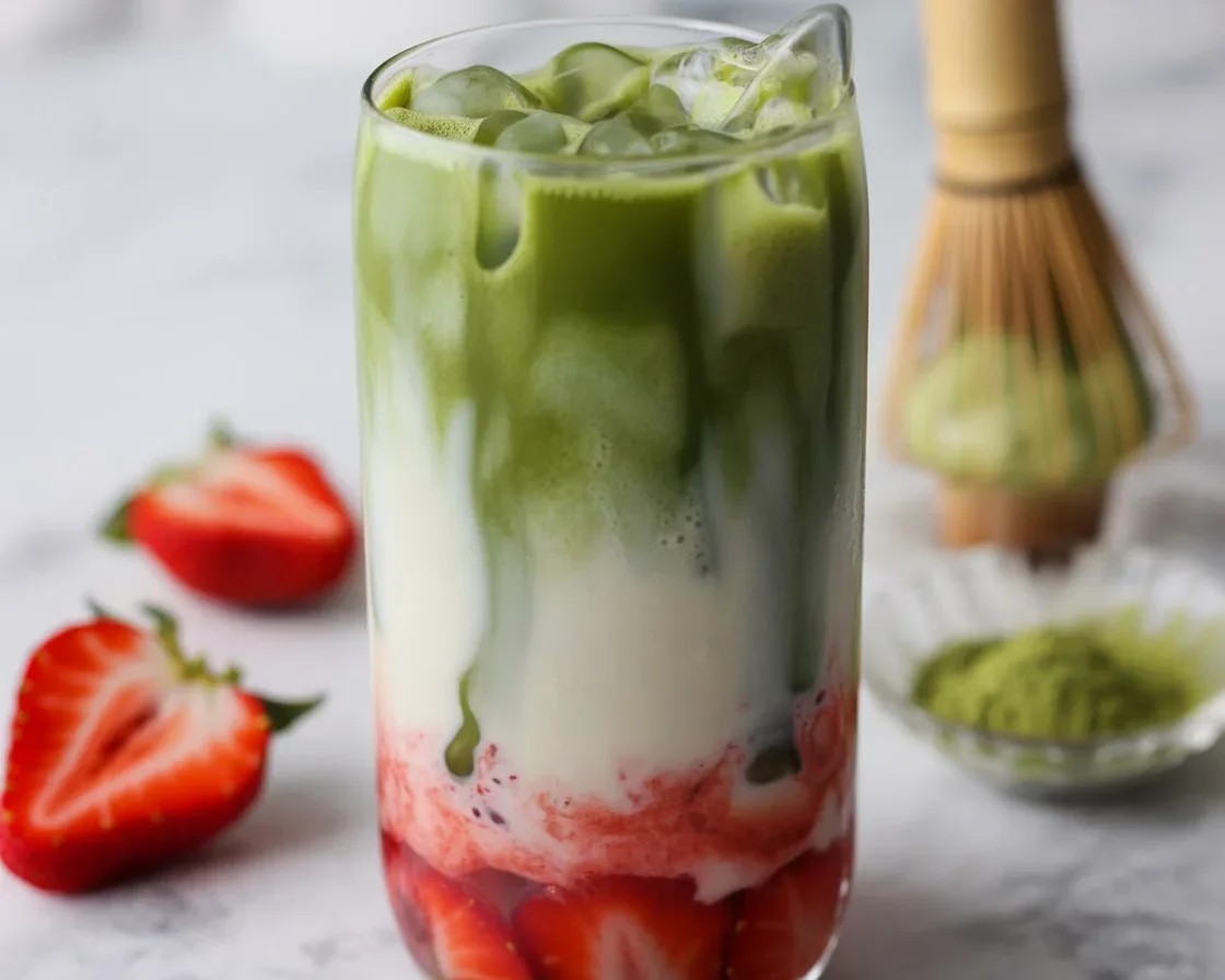 Glass of iced strawberry matcha latte with fresh strawberries and cream