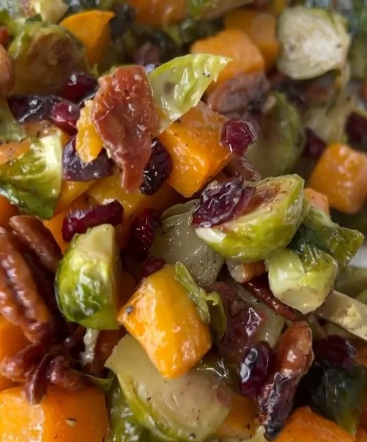 Roasted butternut squash and Brussels sprouts salad served in a bowl
