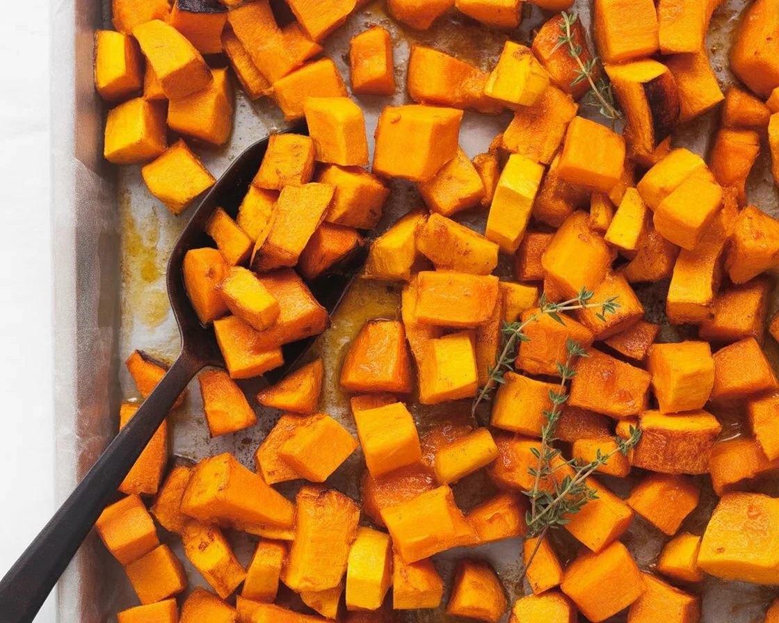 Oven roasted butternut squash cubes seasoned and golden brown on a baking sheet