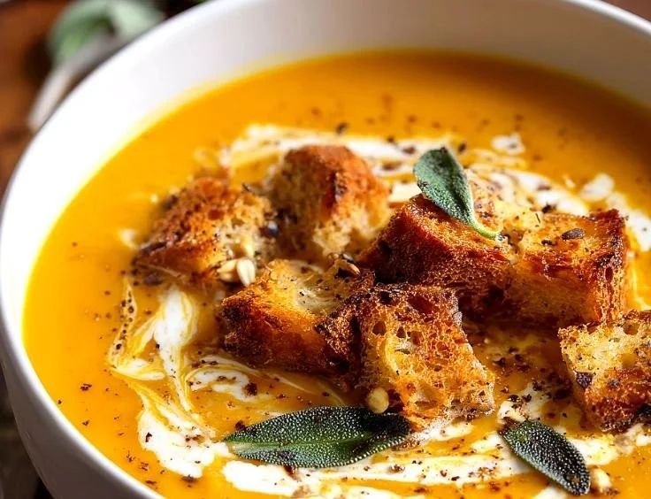 Bowl of sage roasted butternut squash soup garnished with herbs