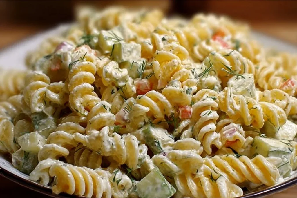 Simple dill pickle pasta salad served in a bowl with fresh vegetables