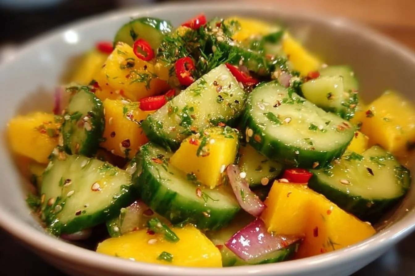 Colorful Thai Mango Cucumber Salad with fresh ingredients.