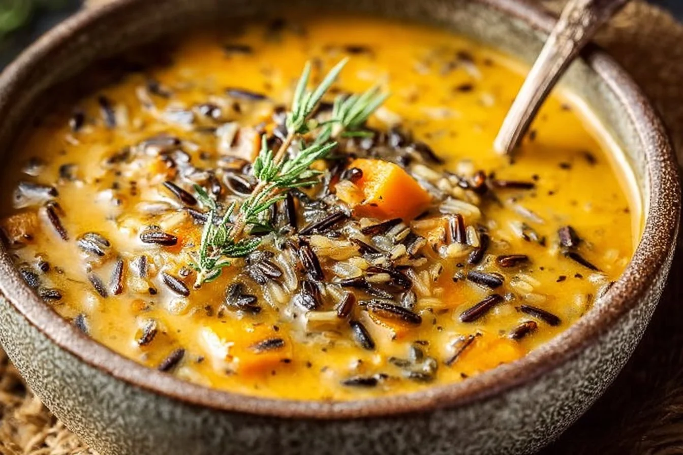 Vegan pumpkin wild rice soup in a bowl garnished with herbs and spices