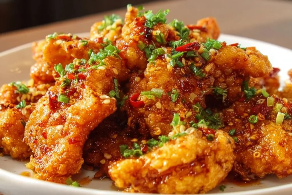 Healthy Air Fryer Bang Bang Chicken served with a spicy sauce