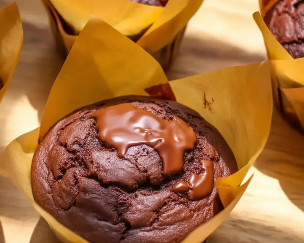 Delicious Olympic Chocolate Muffins with gooey chocolate ganache centers and chocolate chunks.