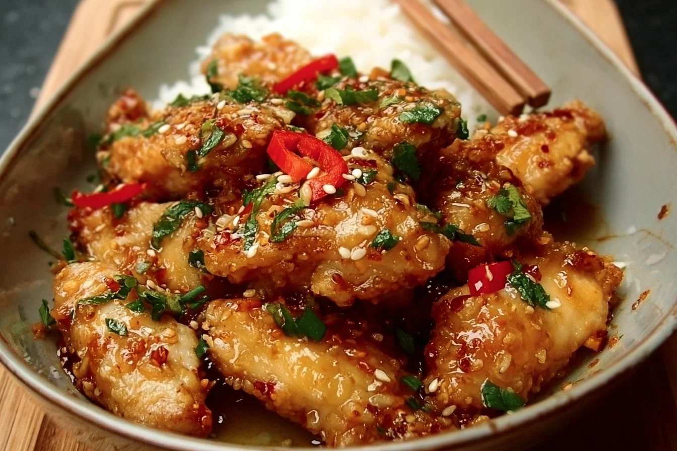 Delicious Bang Bang Chicken served on a plate with garnishes.