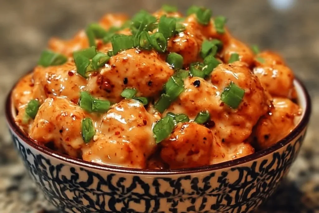 Delicious Bang Bang Chicken Sauce served with crispy chicken bites.