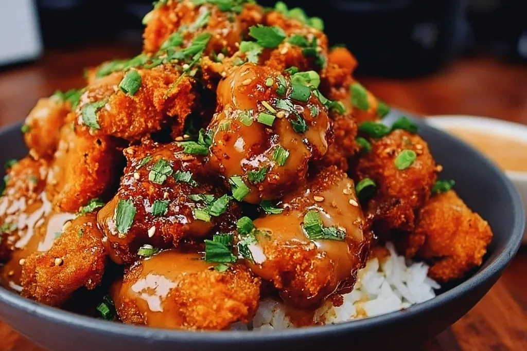 Bang Bang Chicken garnished with spicy Sriracha mayo sauce