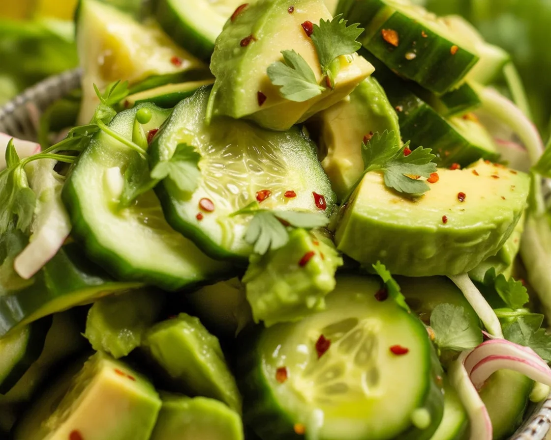 Delicious avocado salad with creamy avocado, tomatoes, and cucumbers in a bowl