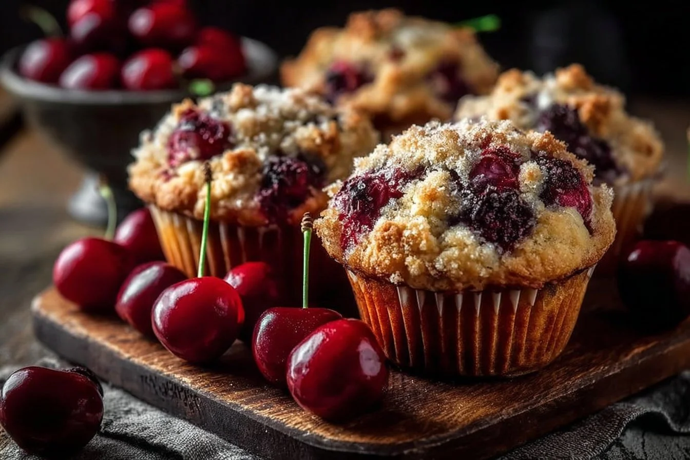 Freshly baked Cherry Cobbler Muffins with sweet cherries