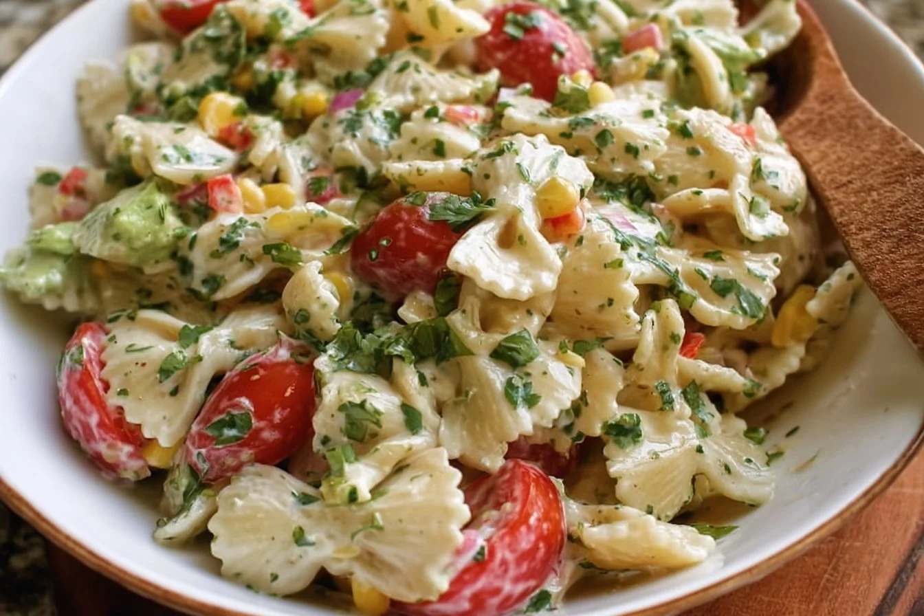Bowl of vibrant Cilantro Lime Pasta Salad topped with fresh cilantro and lime