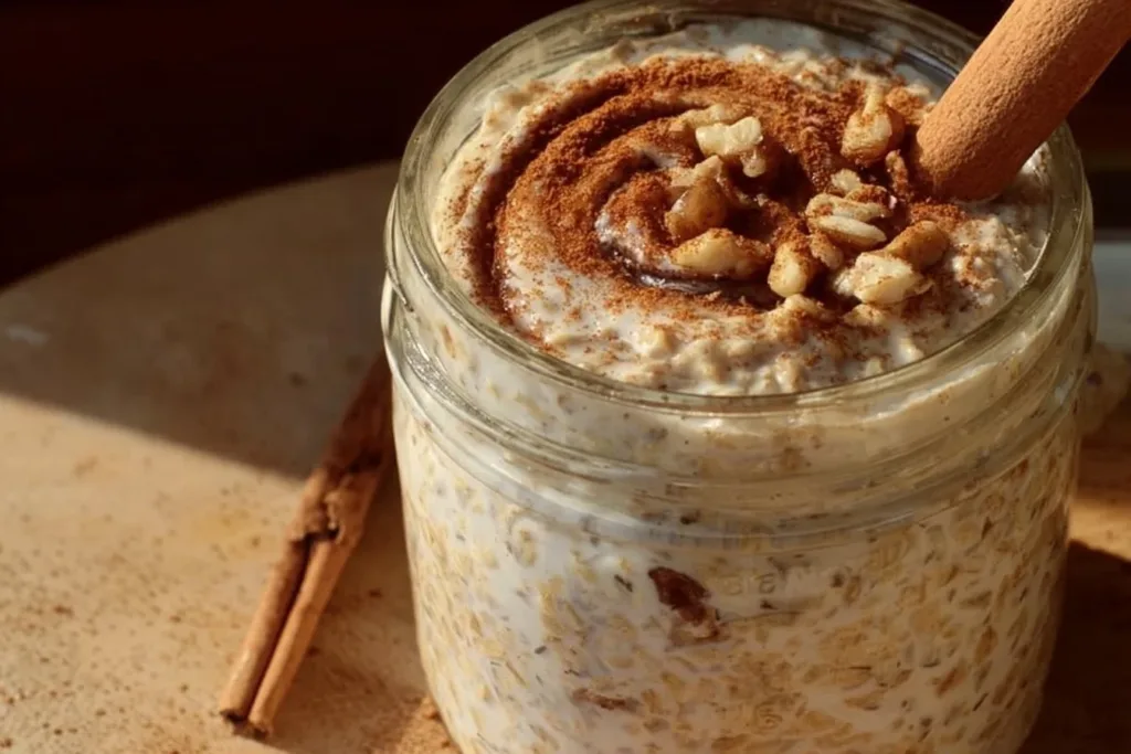 Bowl of cinnamon roll oats topped with cinnamon and pecans, healthy breakfast idea
