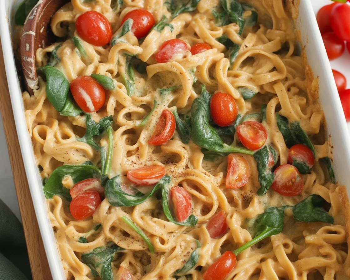 Baked Feta Pasta 2.0 with tomatoes and feta cheese in a dish