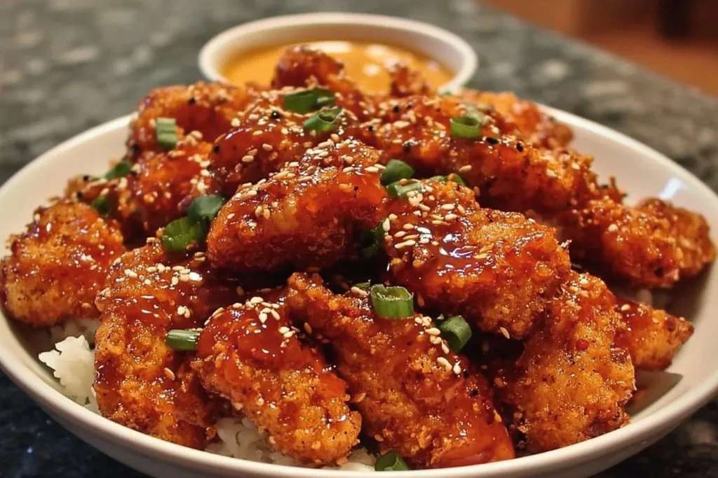 Crispy Bang Bang Chicken served with a spicy sauce and garnished